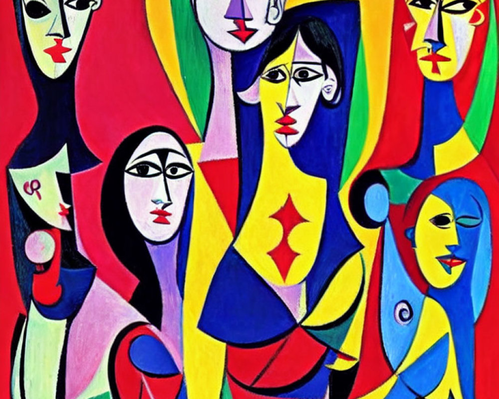 Vibrant abstract painting of stylized female faces with bold geometric background