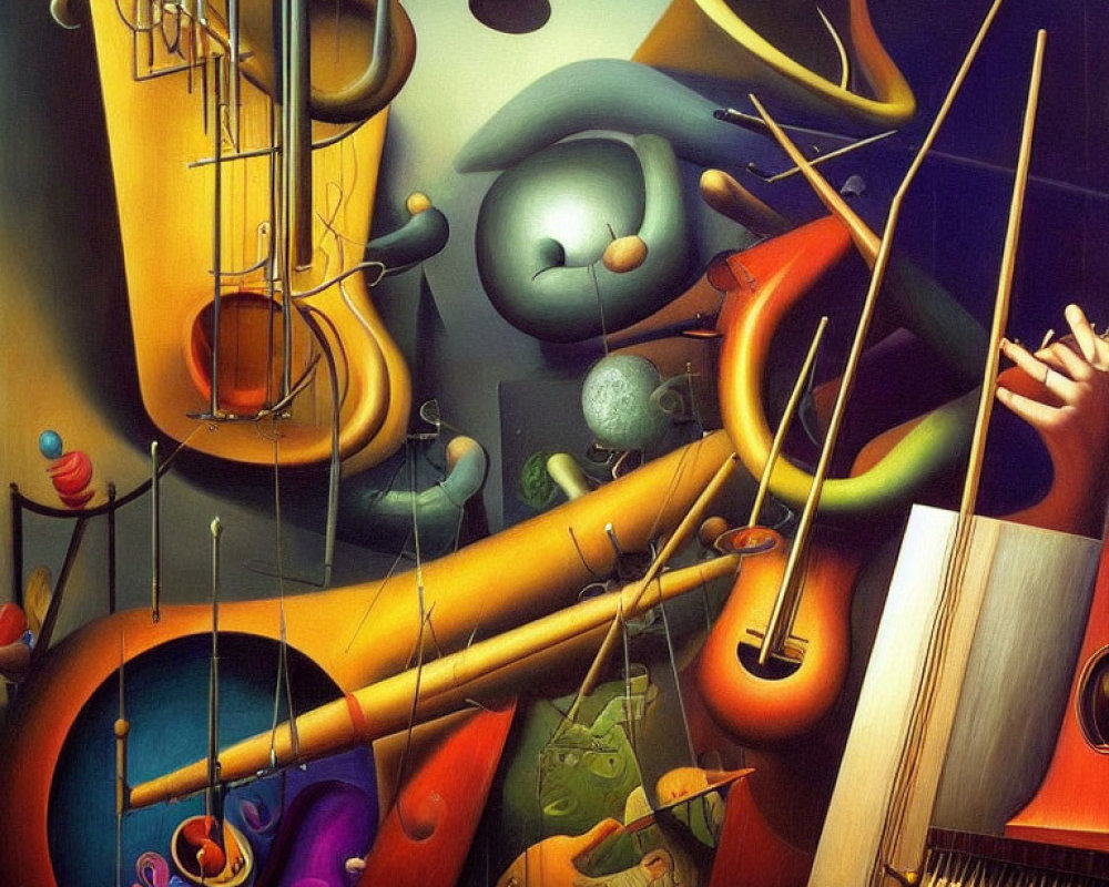 Vibrant surreal artwork of abstract forms with musical instruments