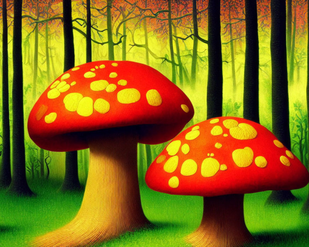 Vibrant forest scene with large red mushrooms and yellow spots