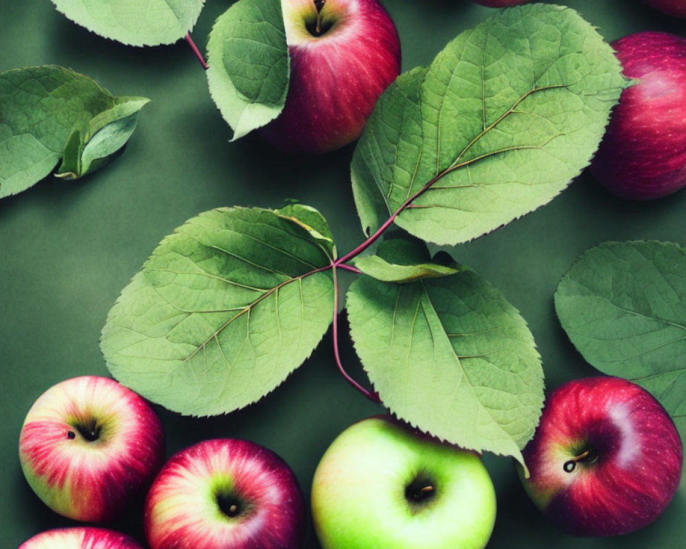 Vibrant Red and Green Fresh Apples on Dark Green Background