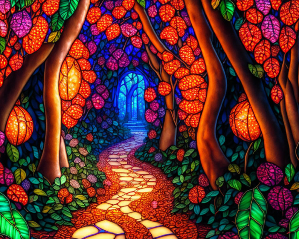 Colorful Stained-Glass Style Artwork of Forest Pathway