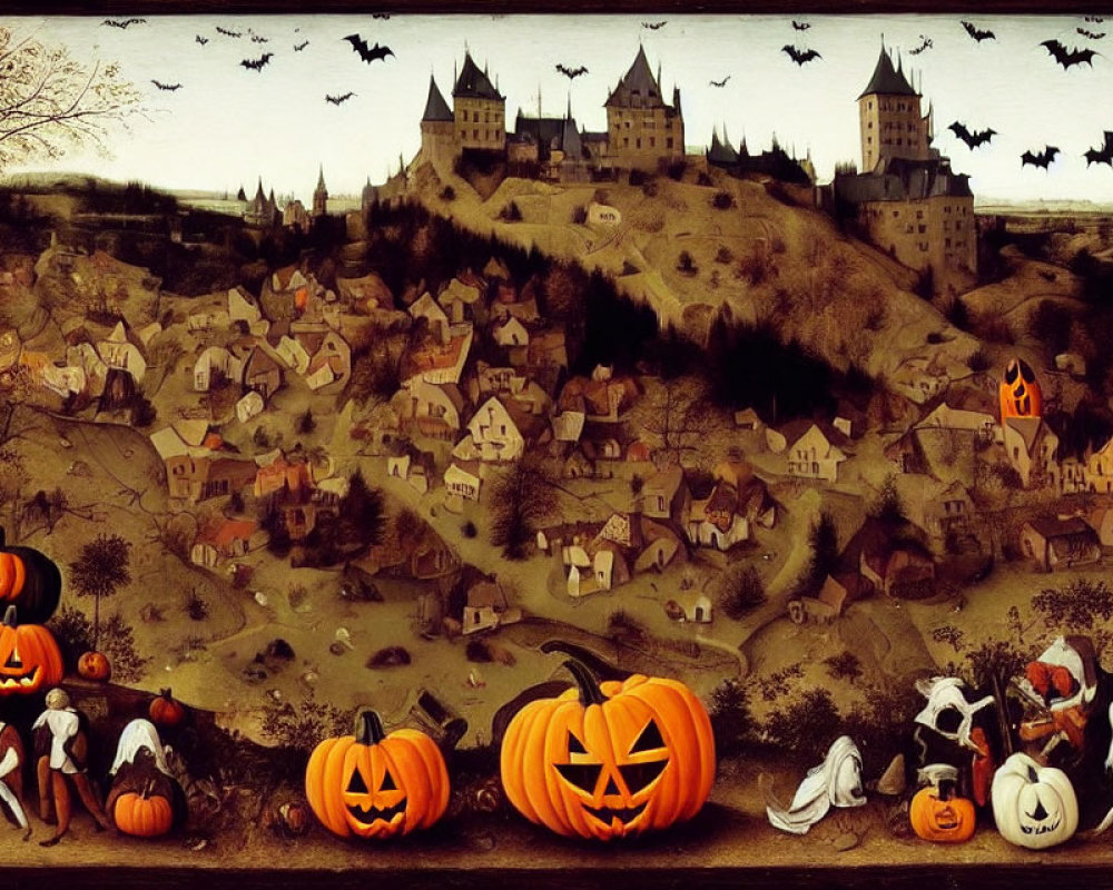 Spooky Halloween scene with pumpkins, costumes, castle, and bats