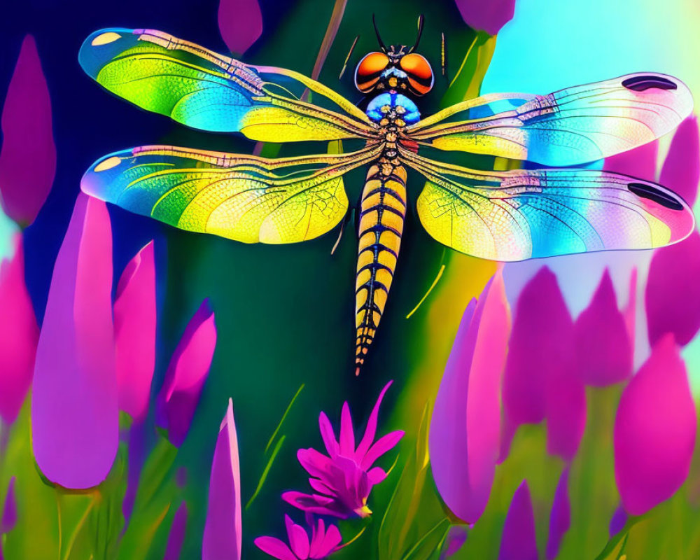 Colorful Dragonfly Illustration with Translucent Wings and Floral Background