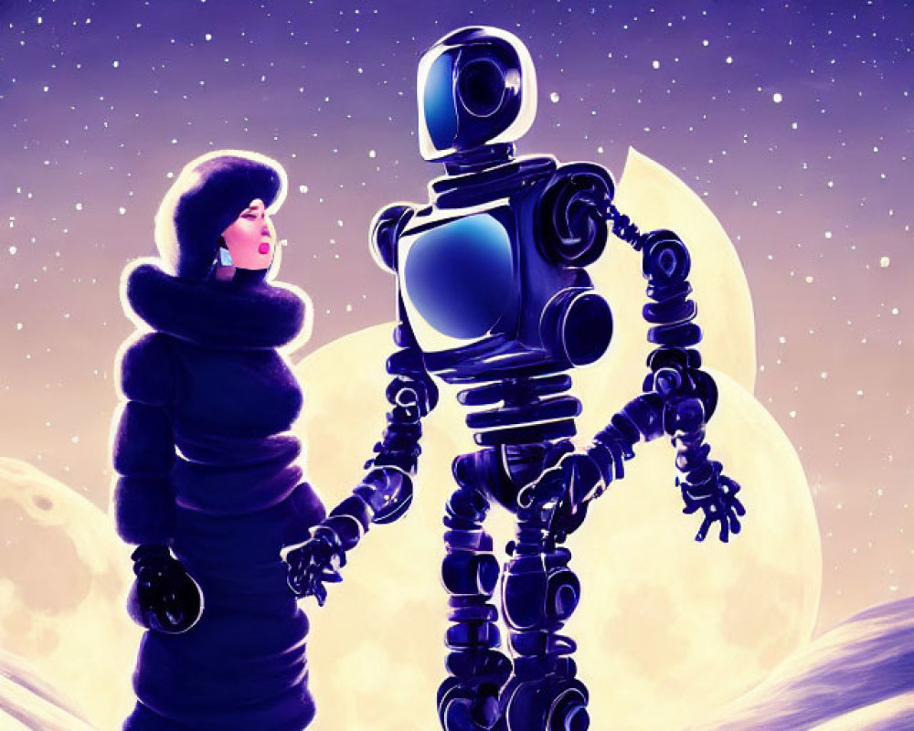 Person in winter coat and robot holding hands on lunar surface under stars and large moon