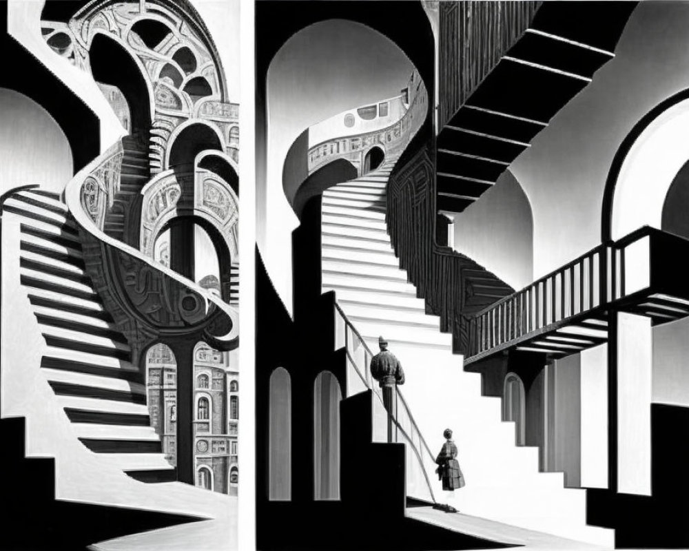 Surreal black and white architectural illustration with impossible stairs and arches, lone figure on landing