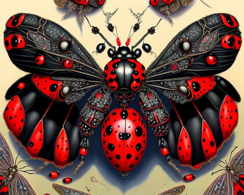 Stylized insects with ladybug patterns and jewel-like details on neutral background