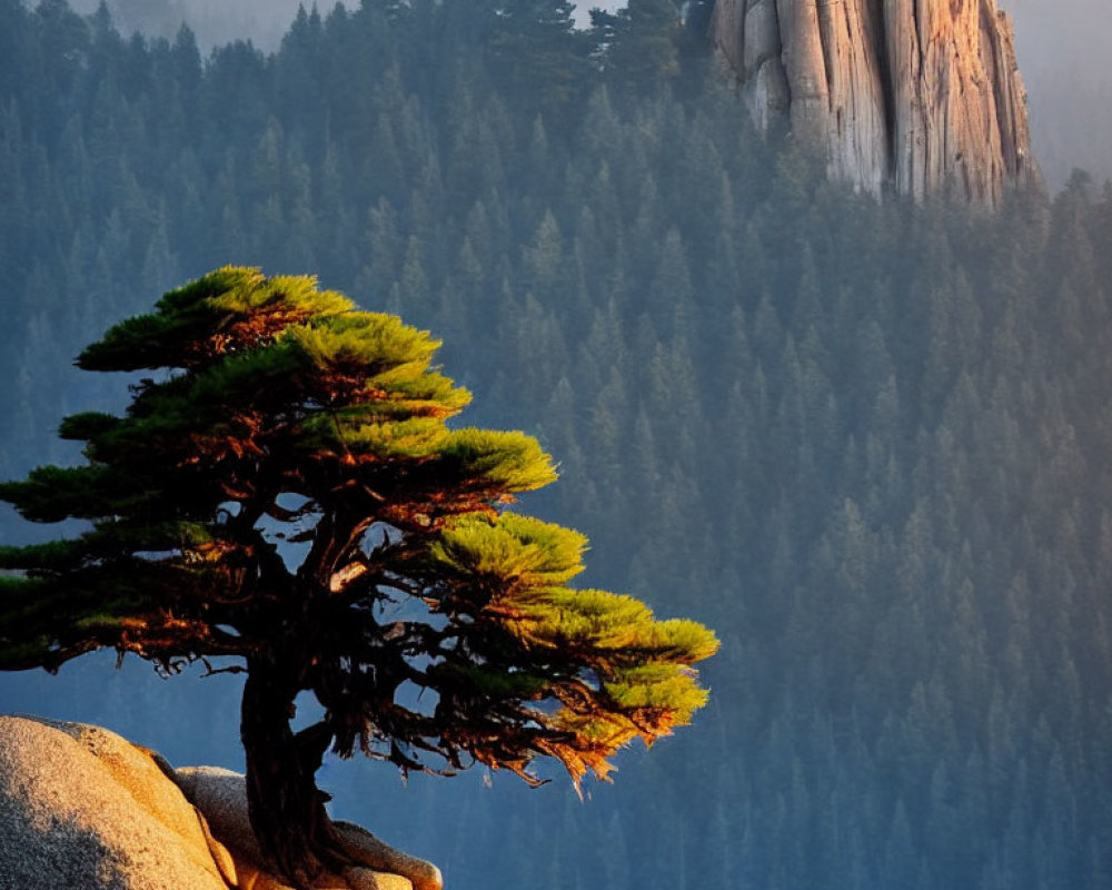 Solitary tree on rocky outcrop with forested backdrop and sunlight.