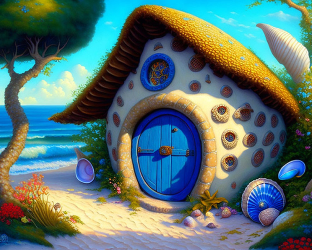 Seaside Cottage with Round Blue Door and Seashell Decorations