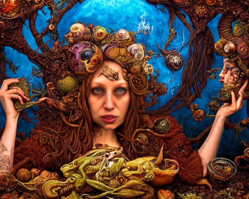 Surreal portrait of a woman with eyes, tree branches, and reptiles in her hair on