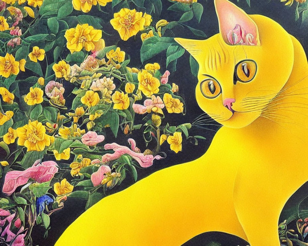 Colorful Artwork: Yellow Cat Among Vibrant Flowers