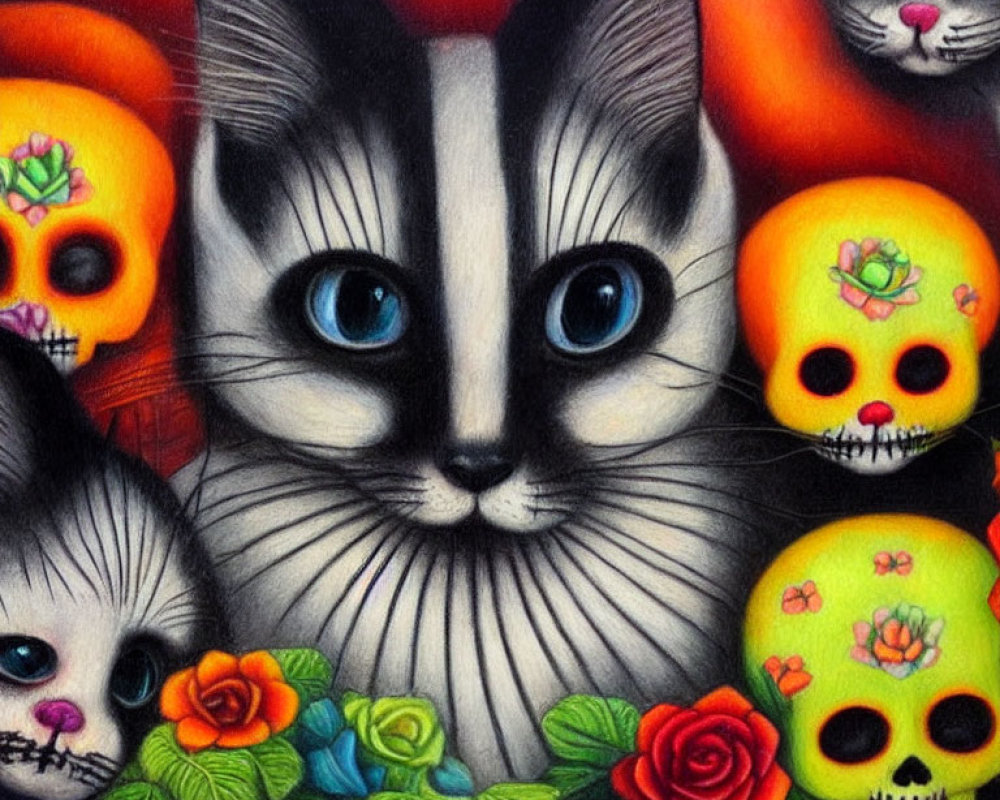 Colorful Dia de los Muertos Cat Artwork with Flowers and Skulls