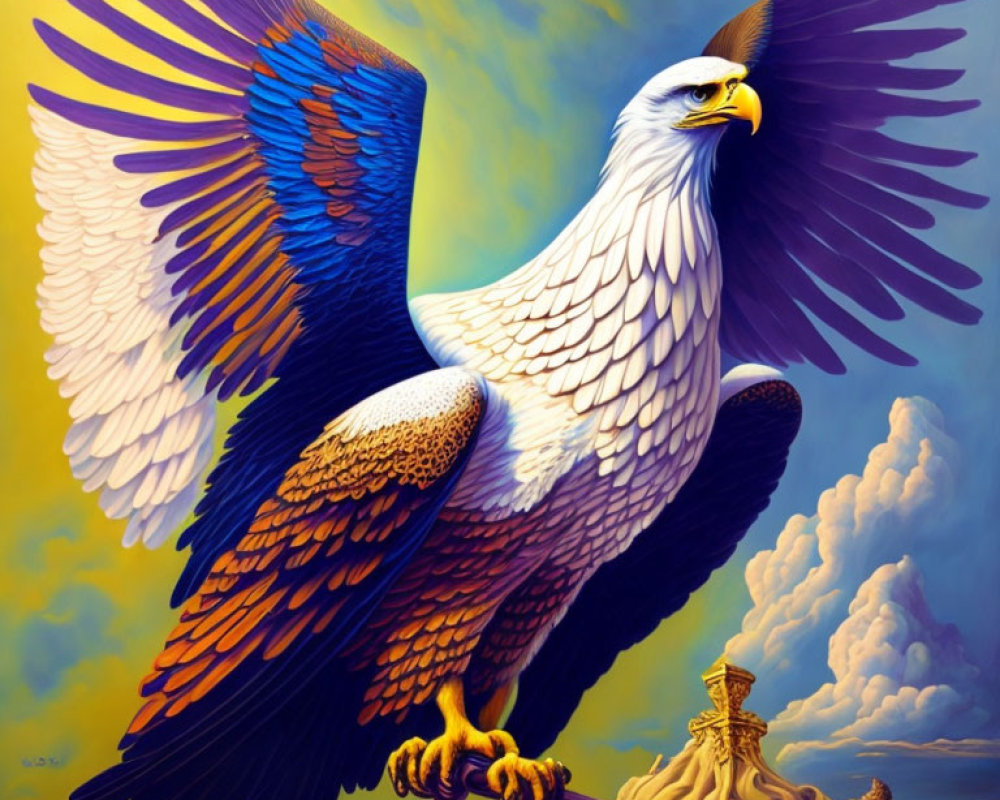 Vibrant blue and violet wings of majestic eagle in clear blue sky