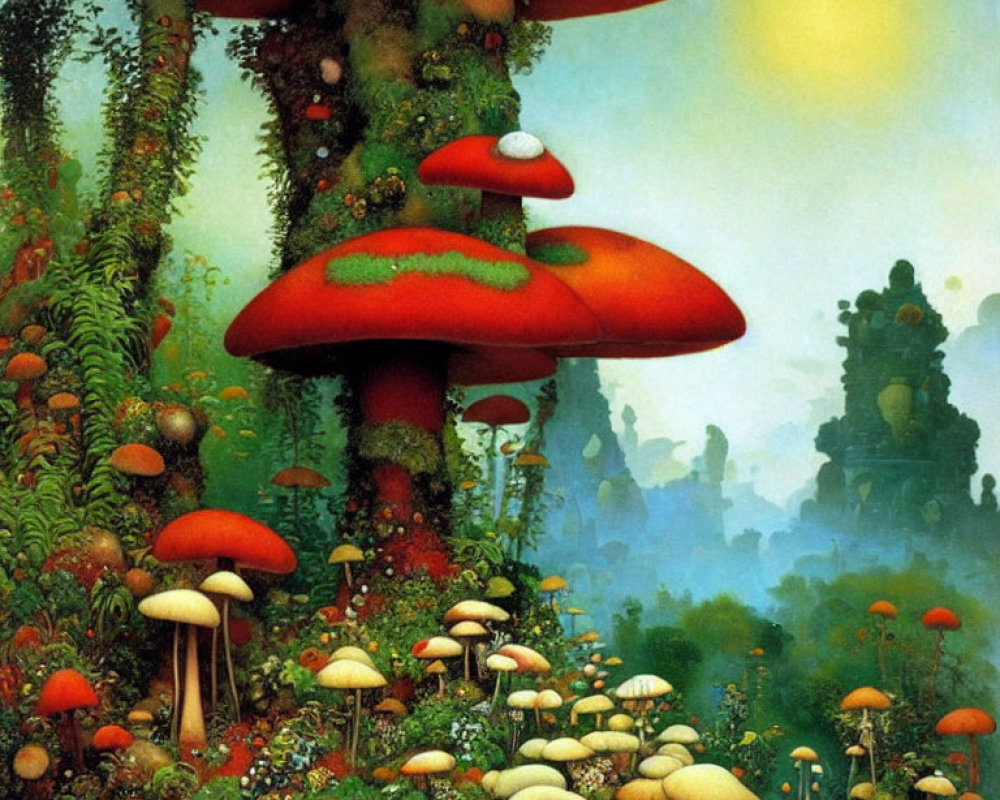 Colorful Oversized Mushrooms in Vibrant Fantasy Landscape