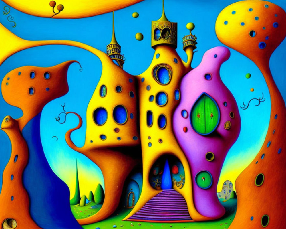 Colorful surreal painting of blobby buildings against yellow sky