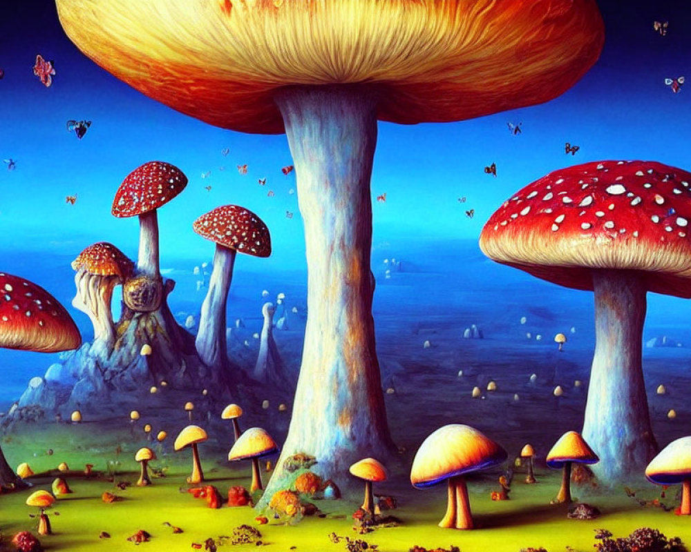 Colorful Fantasy Landscape with Red-Capped Mushrooms and Butterflies