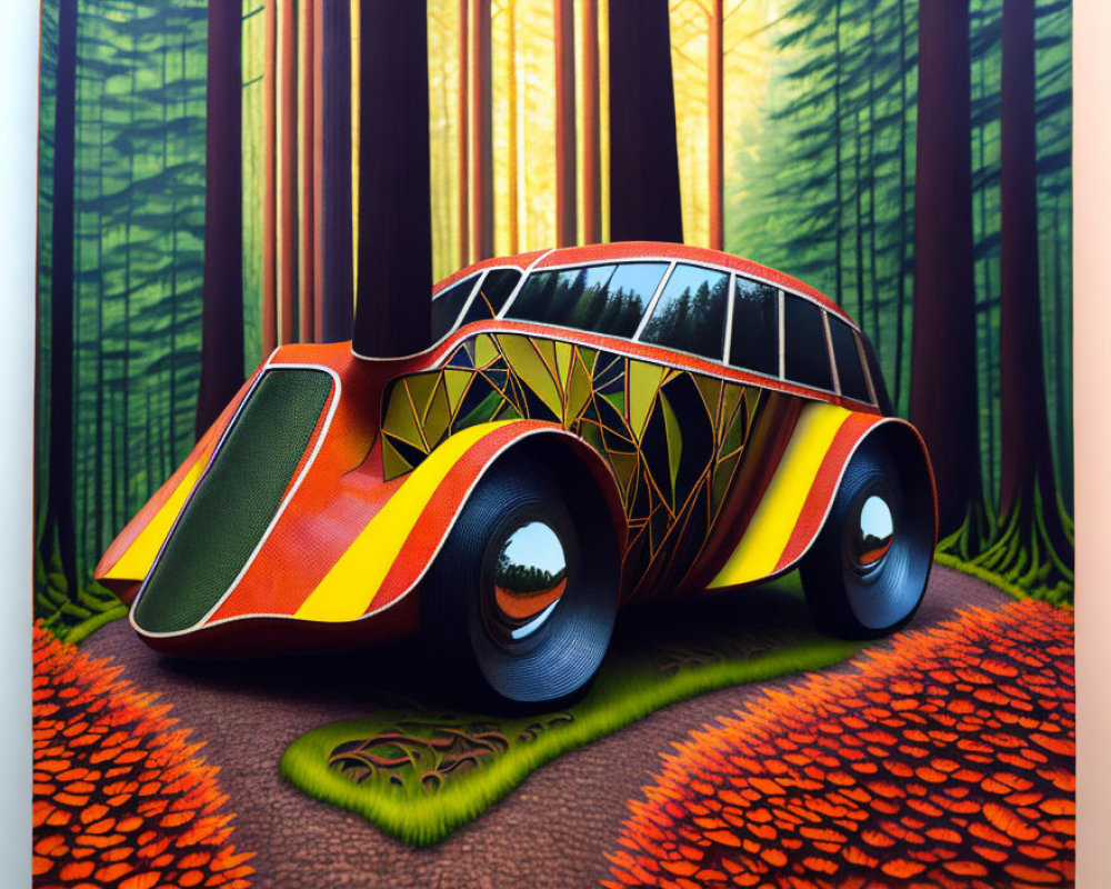 Vibrant Futuristic Car Painting in Forest Setting