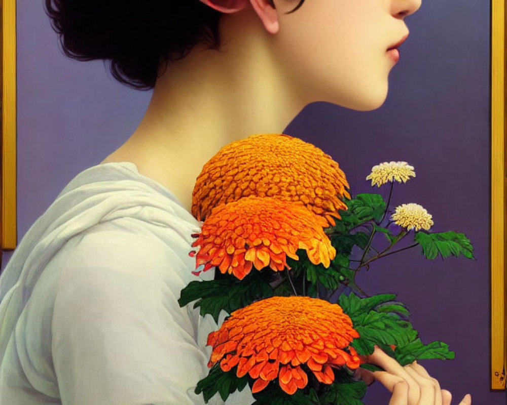 Woman with closed eyes and flower, vibrant orange marigolds on shoulder, purple background