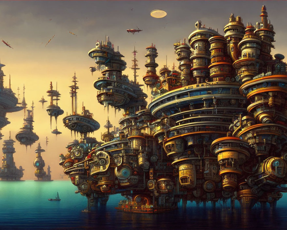 Futuristic cityscape with circular structures and airships at sunset