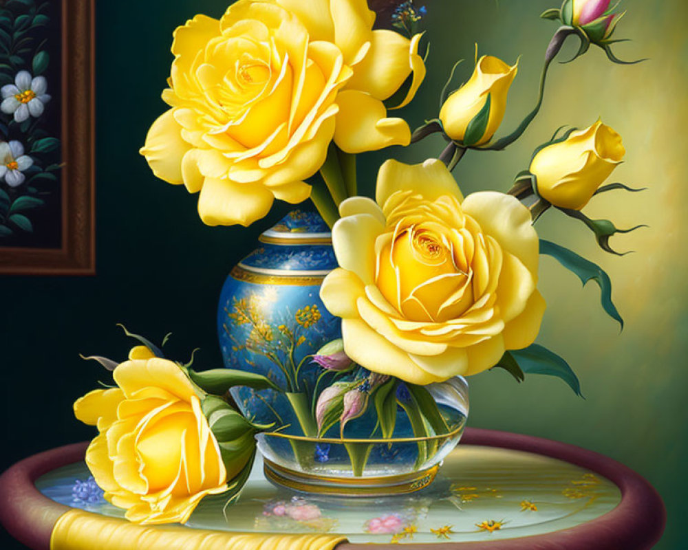 Colorful painting of yellow roses in blue vase on red table