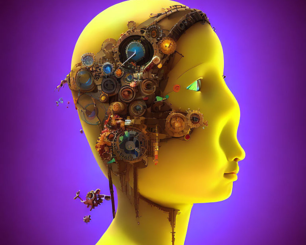 Steampunk-inspired humanoid profile with mechanical brain gears on purple background