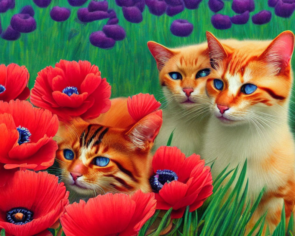 Orange Tabby Cats Among Red Poppies and Purple Flowers