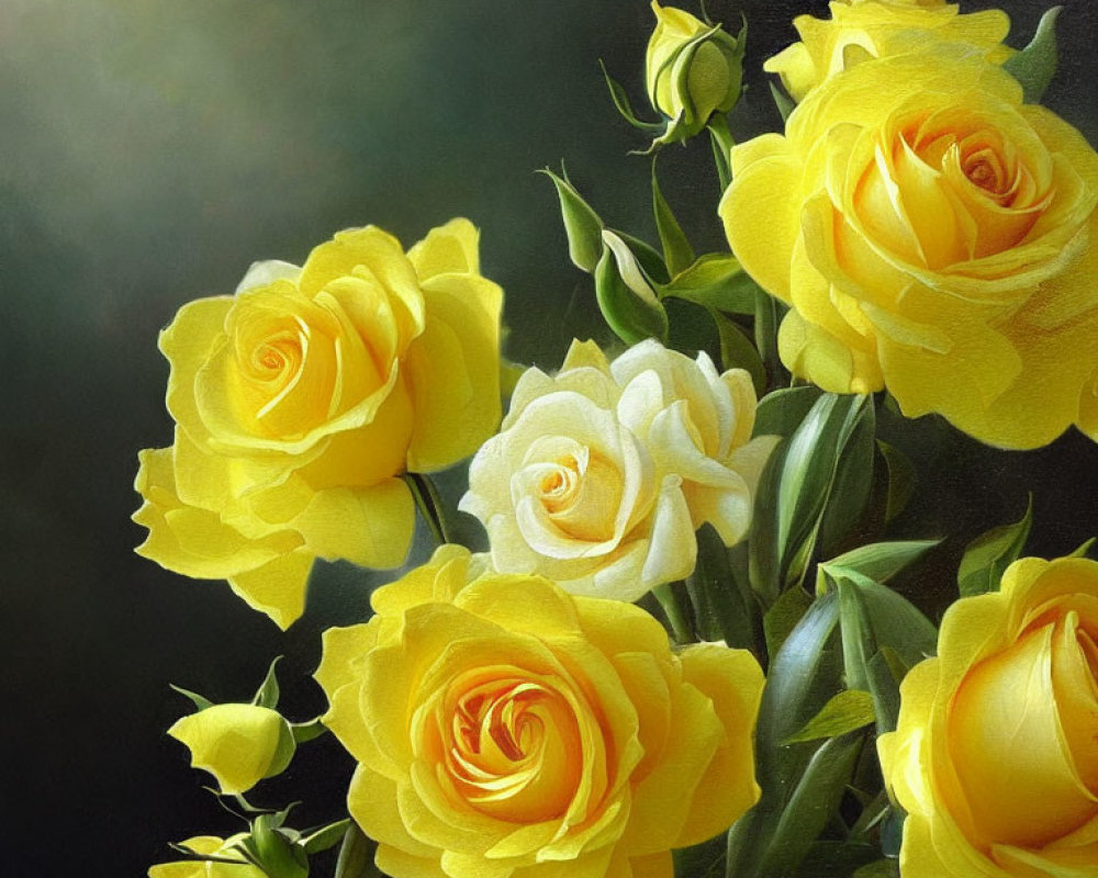 Yellow Roses Bouquet in Clear Vase on Blurred Background