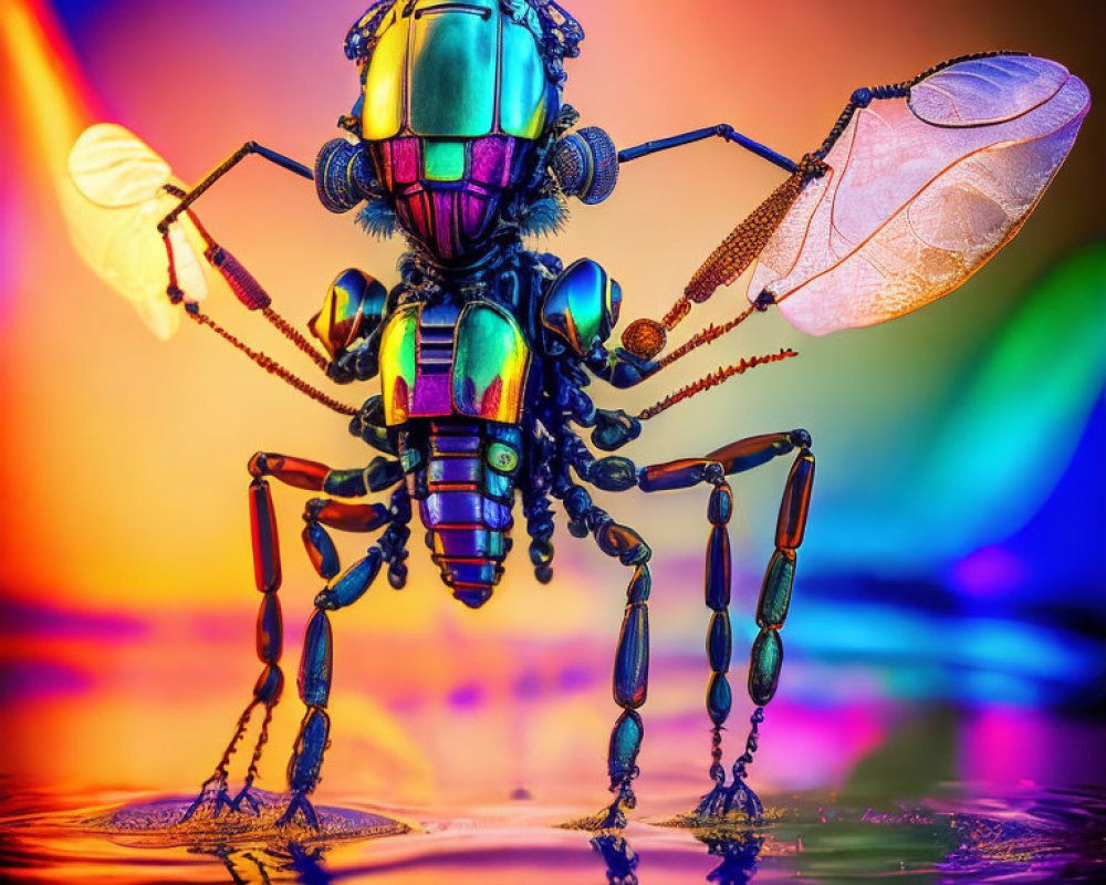 Colorful Mechanical Insect on Reflective Surface Against Vibrant Background