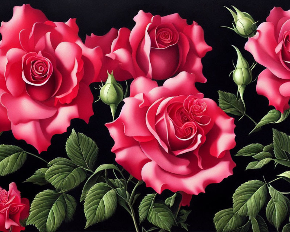 Red roses with green leaves and thorny stems on dark background showcasing different blooming stages