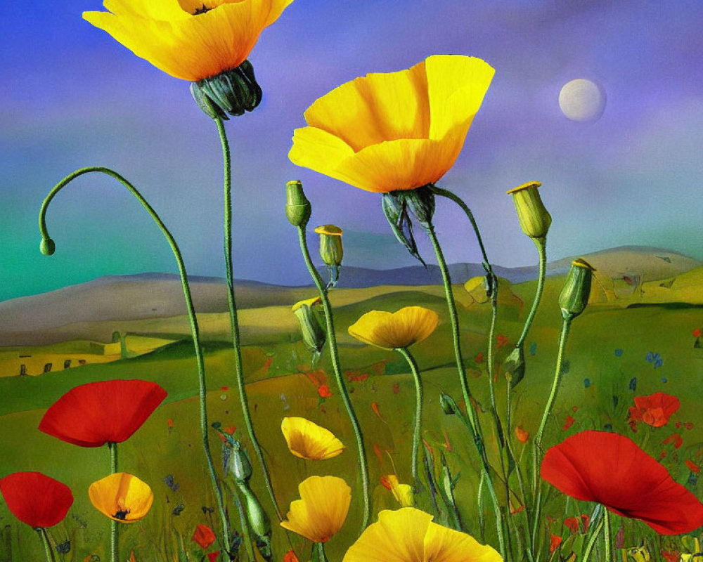 Colorful painting of yellow and red poppies in a lush field with green hills and blue sky.