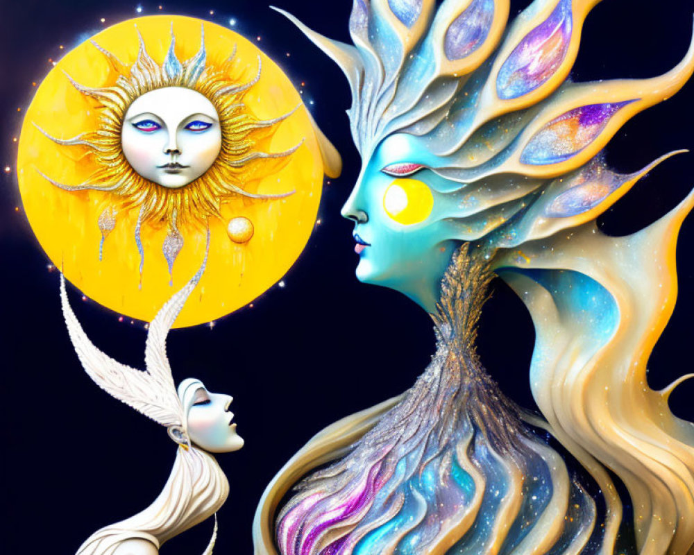 Surreal artwork: Celestial beings embodying sun and stars