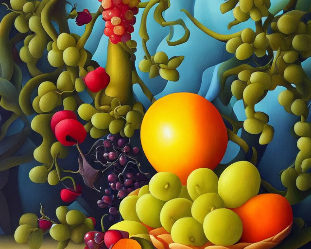 Colorful still-life with fruits on fabric, surreal plant shapes in background