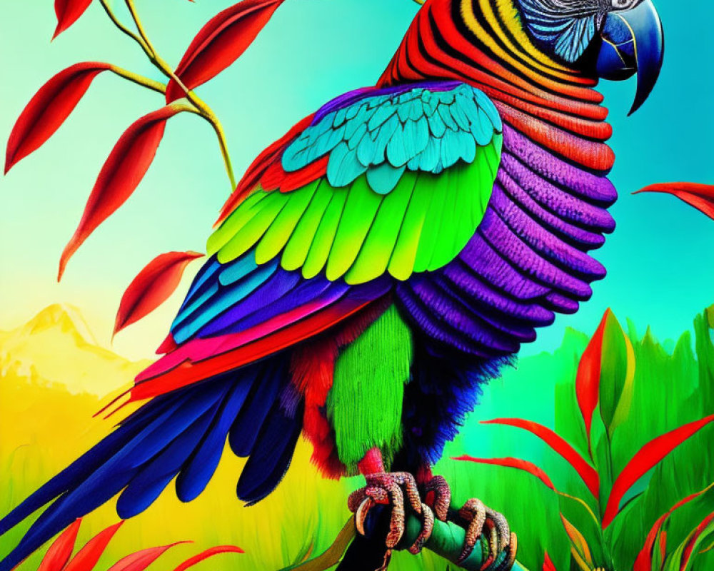 Colorful Parrot Illustration Perched on Tropical Branch