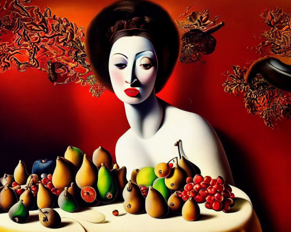 Surreal portrait of stylized woman with white skin and red lips