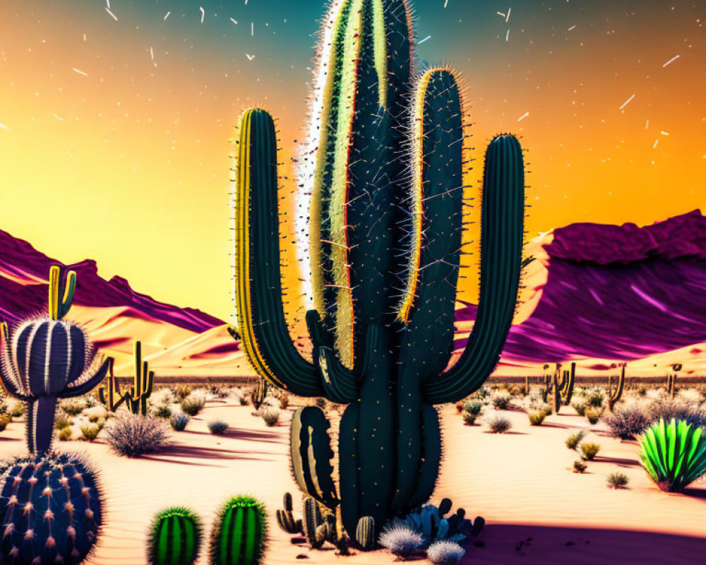 Twilight desert scene with starry sky, cacti, and mountains