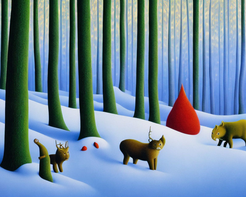 Winter forest scene with stylized deer, snow-covered trees, red leaf, and scattered red berries