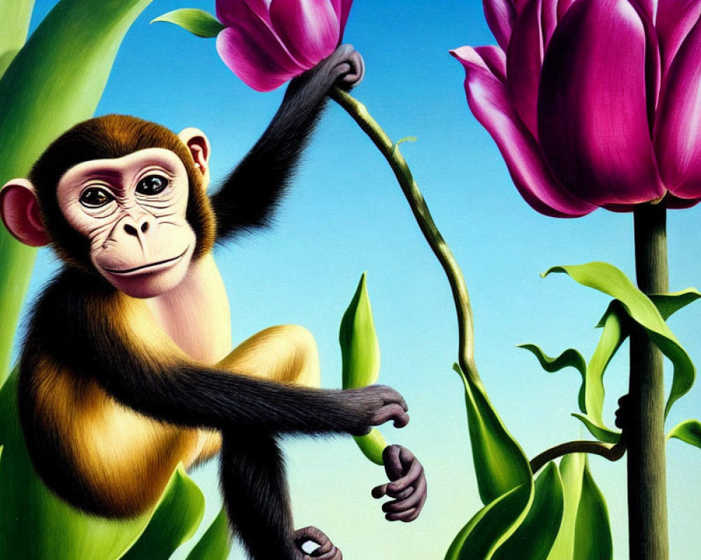 Colorful illustration: young monkey with purple tulip on blue background