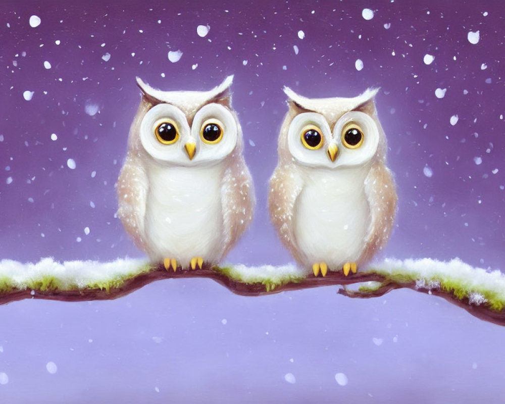 Illustrated snowy owls with large eyes on branch under purple sky