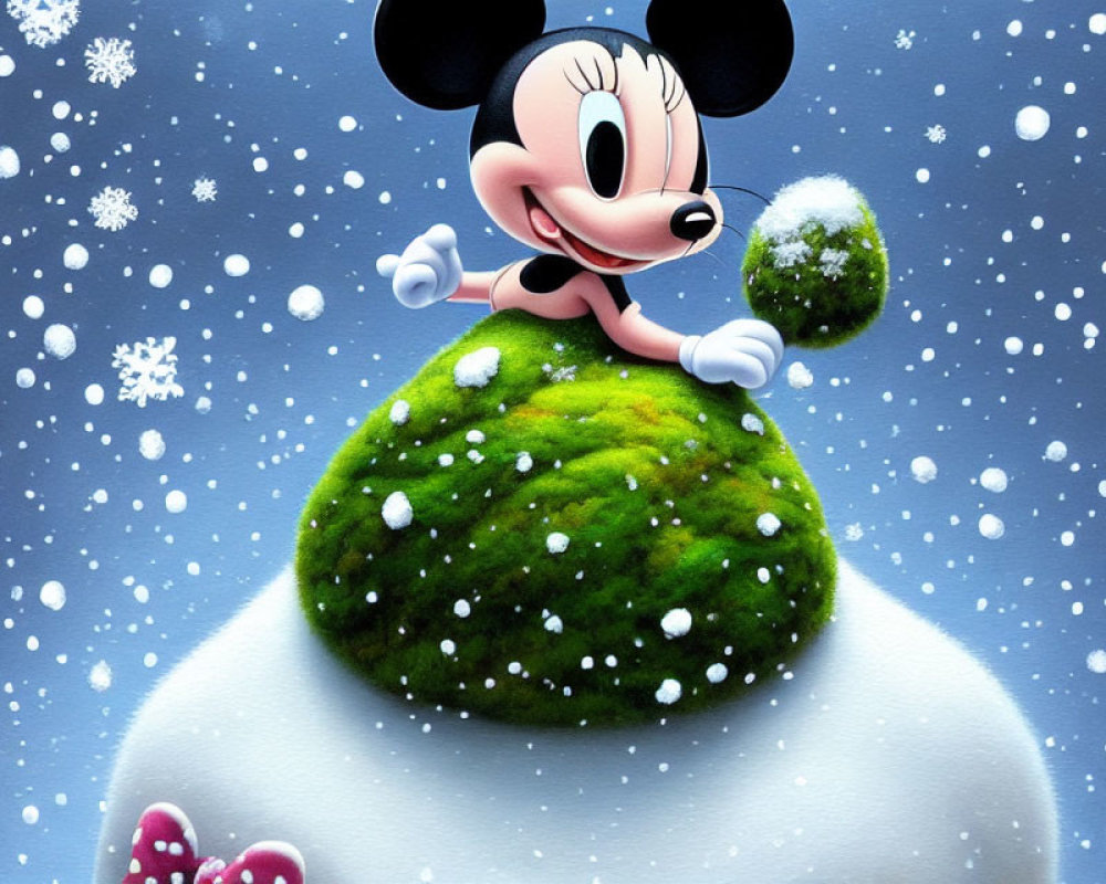 Cartoon character on snowy hilltop with Christmas tree in snowfall