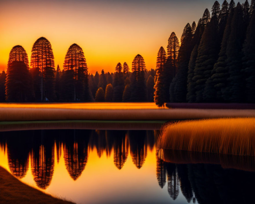 Tranquil sunset over still lake with silhouetted trees