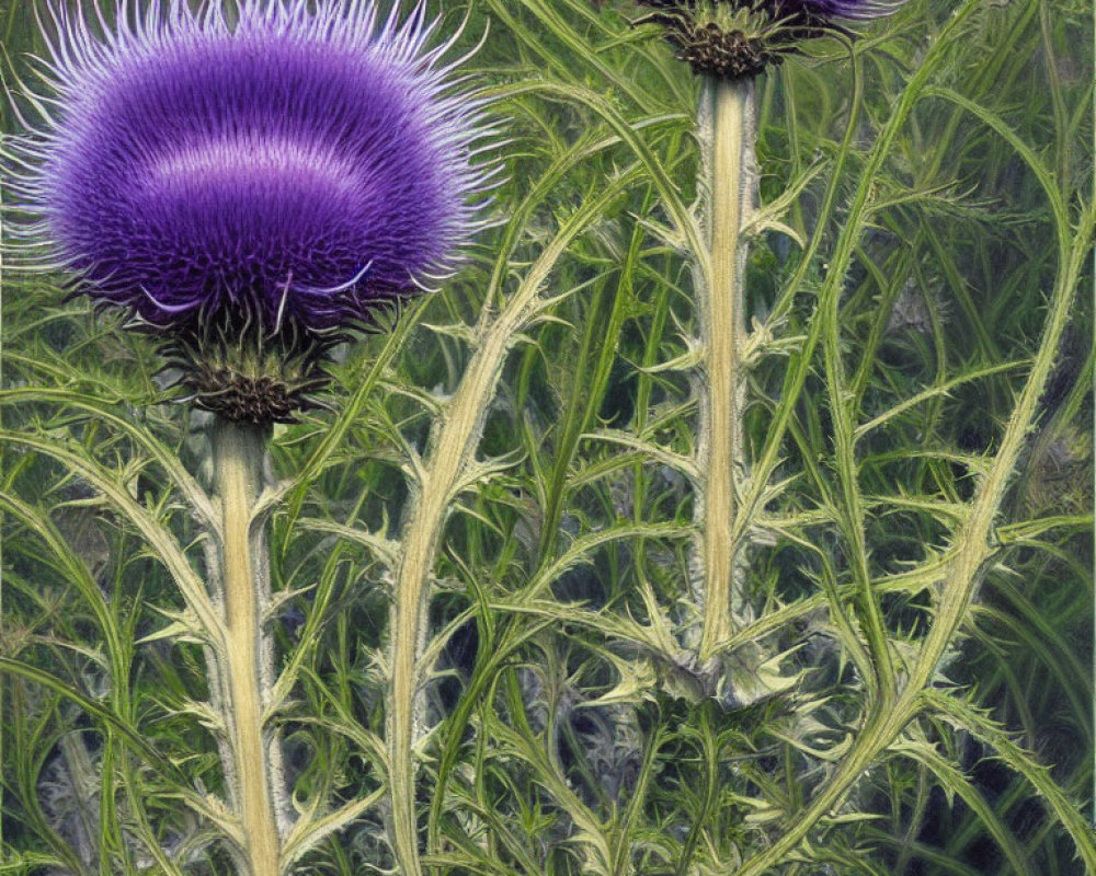 Purple Thistle Flowers with Spiky Leaves on Green Foliage