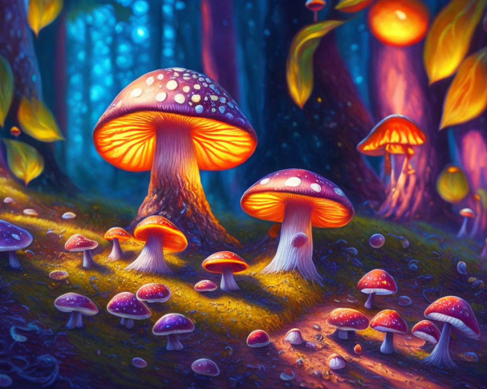 Colorful Illustration: Fantastical Mushroom Forest with Glowing Fungi