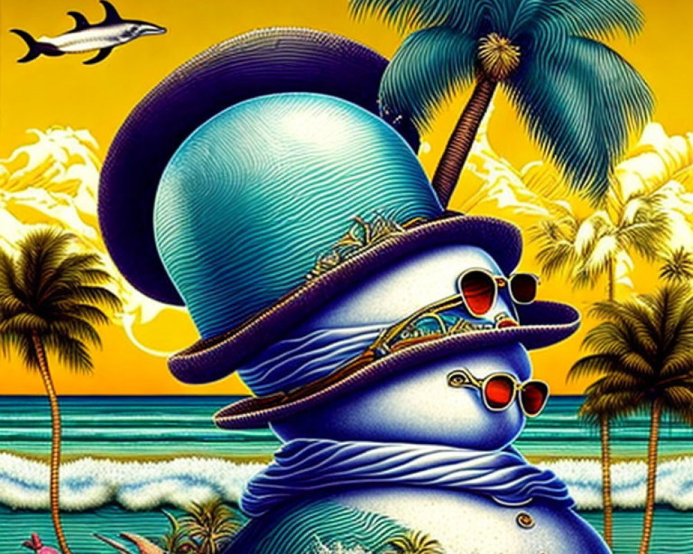 Surreal illustration of blue hats, sunglasses, watch, beach, palm trees, dolphins, fish