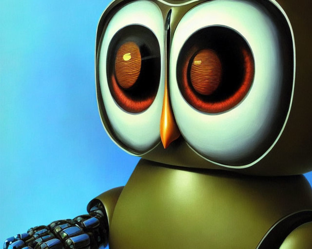 Stylized robotic owl with expressive eyes and mechanical claw on blue gradient background