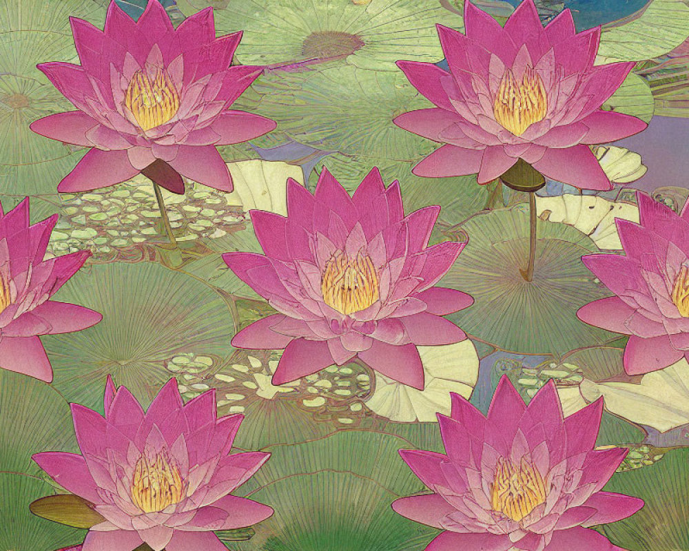 Vibrant Pink Lotus Flowers on Green Lily Pads and Blue-Green Background