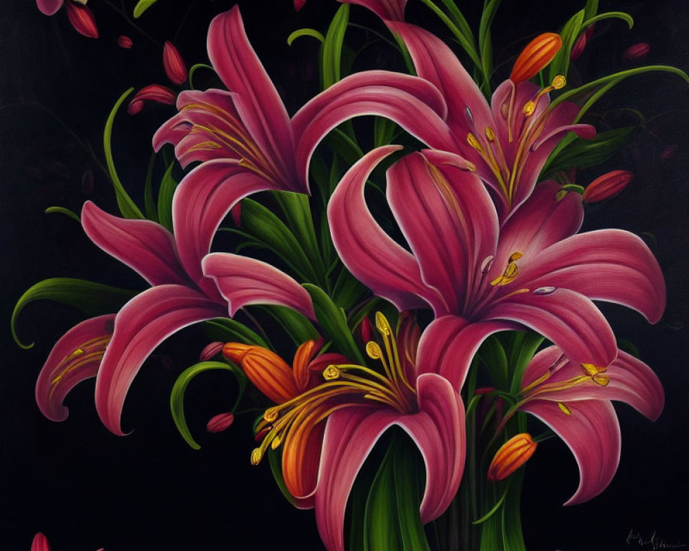 Colorful Pink Lilies Painting with Detailed Textures