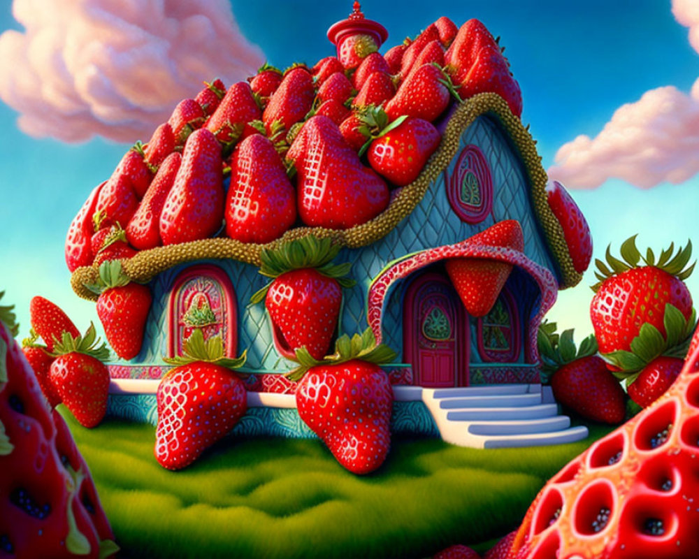 Whimsical house illustration with large strawberries and round windows