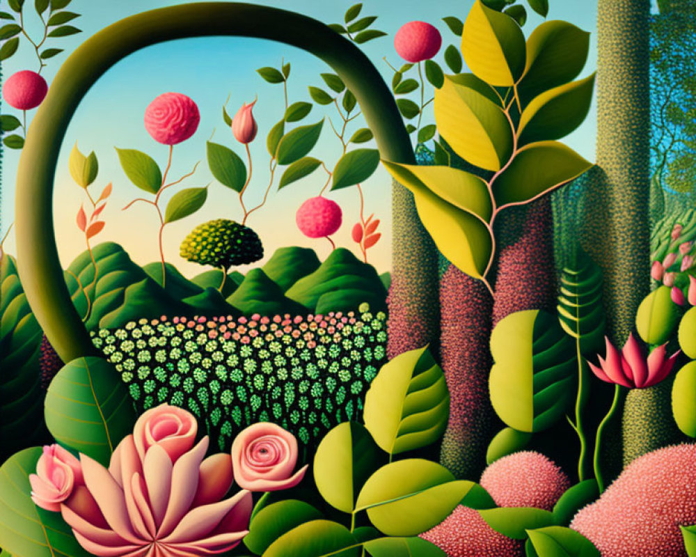 Surreal Landscape with Stylized Plants and Blossoming Garden Mirror