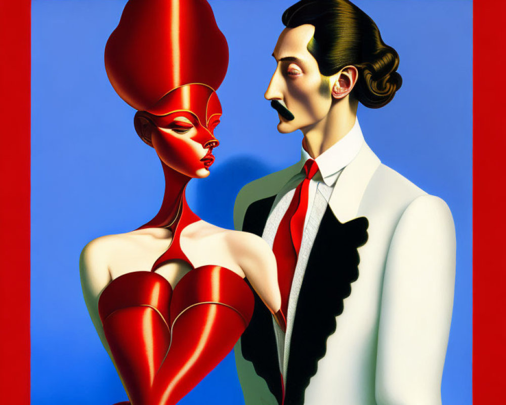 Surreal painting featuring man in white suit and woman in red with elongated headpiece on blue