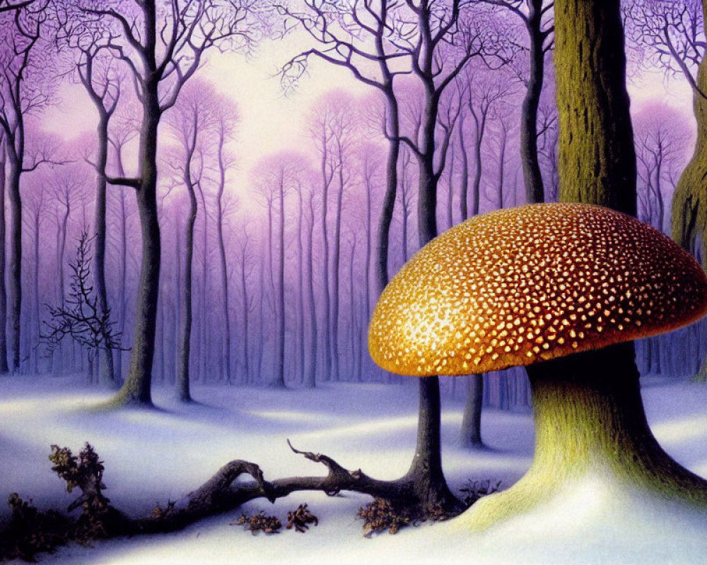 Glowing mushroom in mystical purple forest with snow