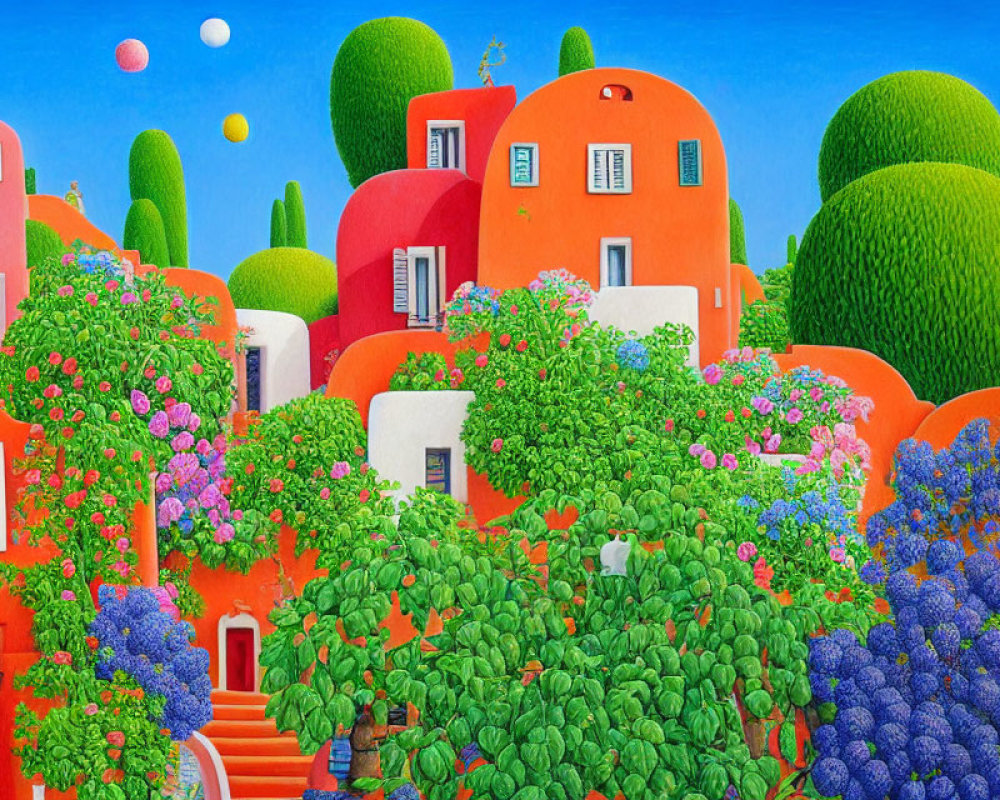 Vibrant illustration of whimsical village with orange houses, green trees, and blooming flowers under